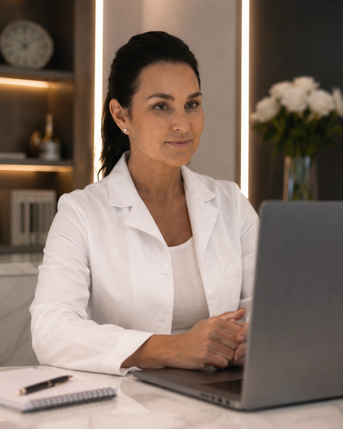 Kim Armstrong carrying out an online video consultation
